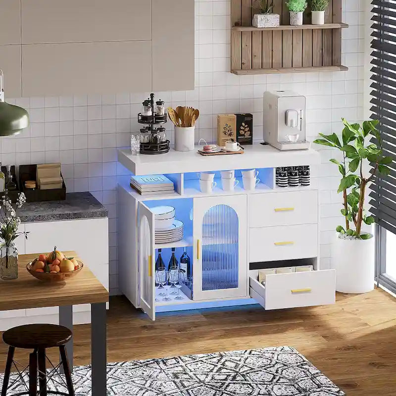 Buffet de 99 cm avec lumières LED et ports de charge – Blanc/Noir, 2 portes 3 tiroirs
