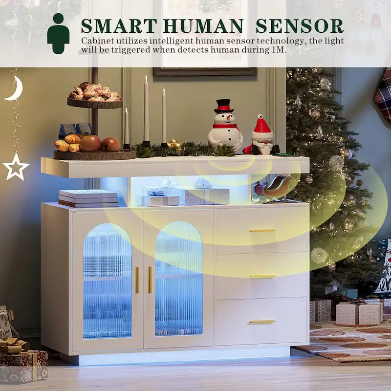 Buffet de 99 cm avec lumières LED et ports de charge – Blanc/Noir, 2 portes 3 tiroirs