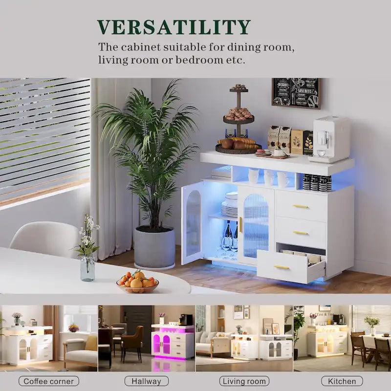 Buffet de 99 cm avec lumières LED et ports de charge – Blanc/Noir, 2 portes 3 tiroirs