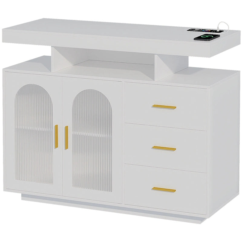Buffet de 99 cm avec lumières LED et ports de charge – Blanc/Noir, 2 portes 3 tiroirs