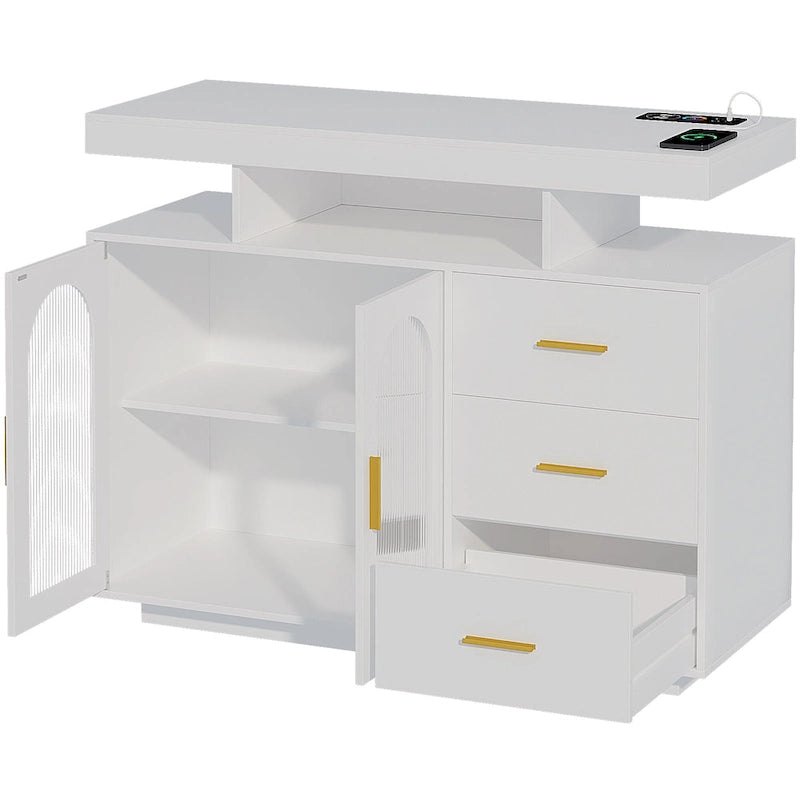 Buffet de 99 cm avec lumières LED et ports de charge – Blanc/Noir, 2 portes 3 tiroirs