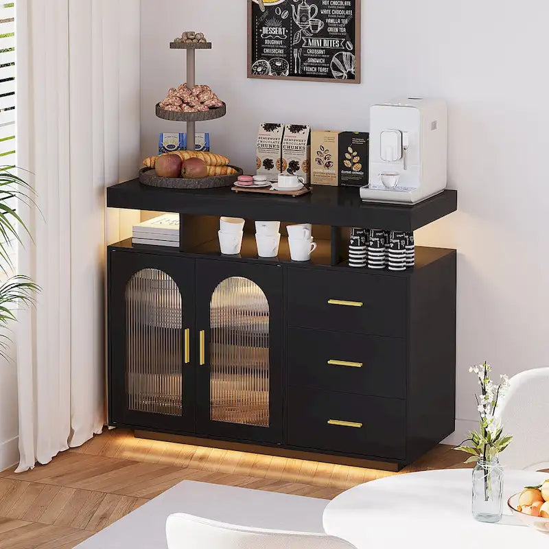 Buffet de 99 cm avec lumières LED et ports de charge – Blanc/Noir, 2 portes 3 tiroirs