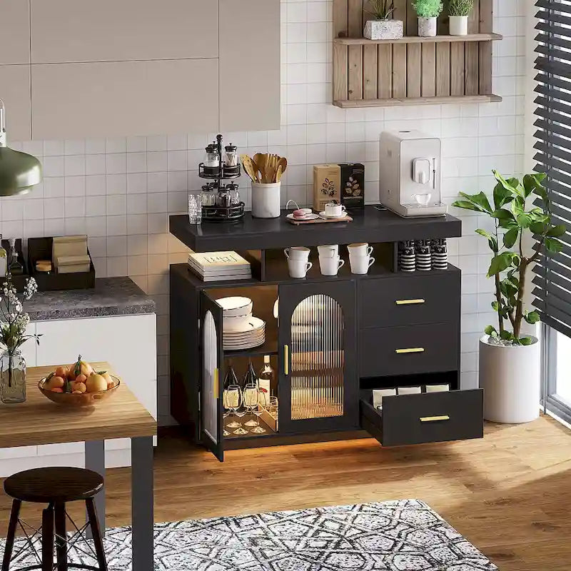 Buffet de 99 cm avec lumières LED et ports de charge – Blanc/Noir, 2 portes 3 tiroirs