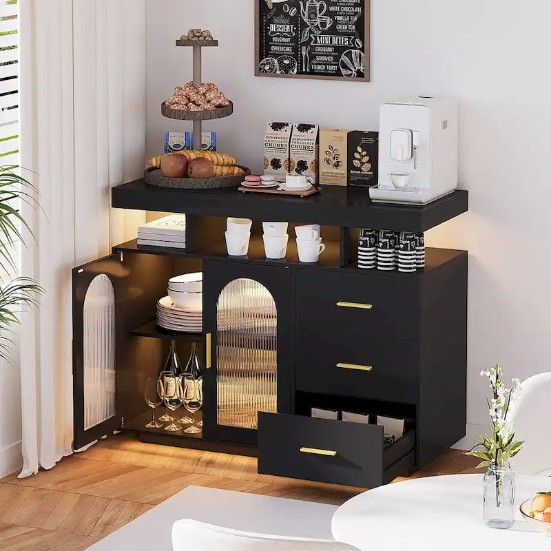 Buffet de 99 cm avec lumières LED et ports de charge – Blanc/Noir, 2 portes 3 tiroirs