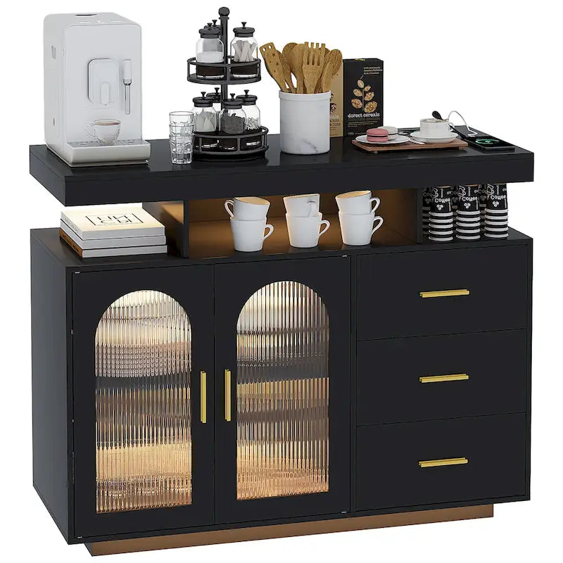 Buffet de 99 cm avec lumières LED et ports de charge – Blanc/Noir, 2 portes 3 tiroirs