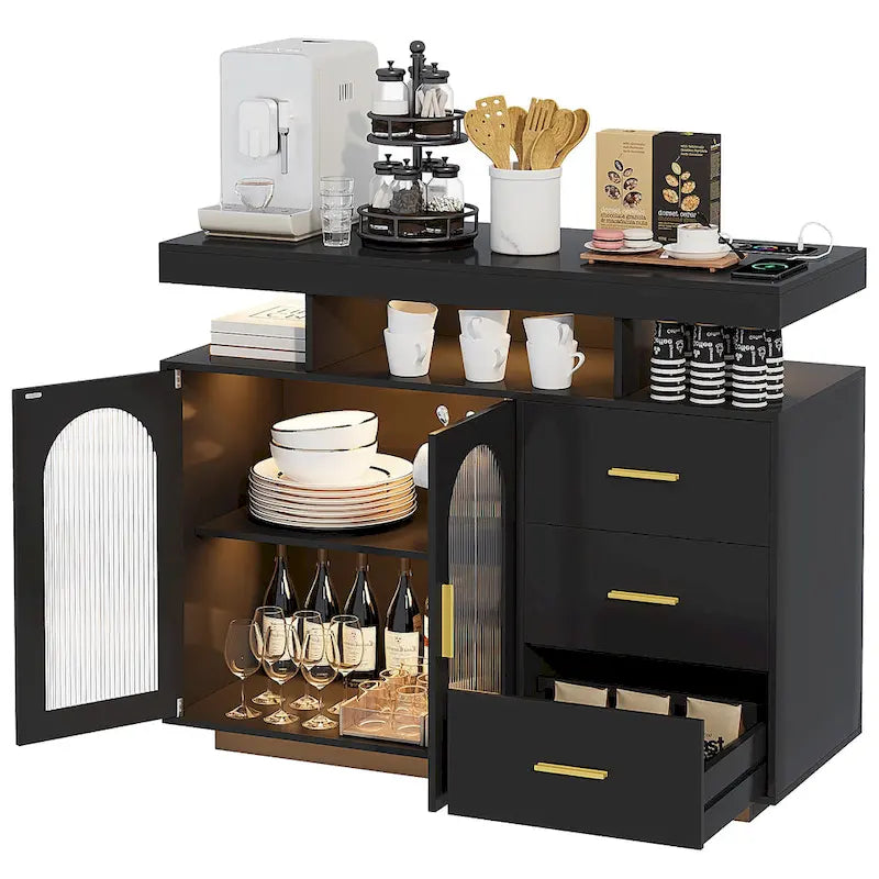 Buffet de 99 cm avec lumières LED et ports de charge – Blanc/Noir, 2 portes 3 tiroirs