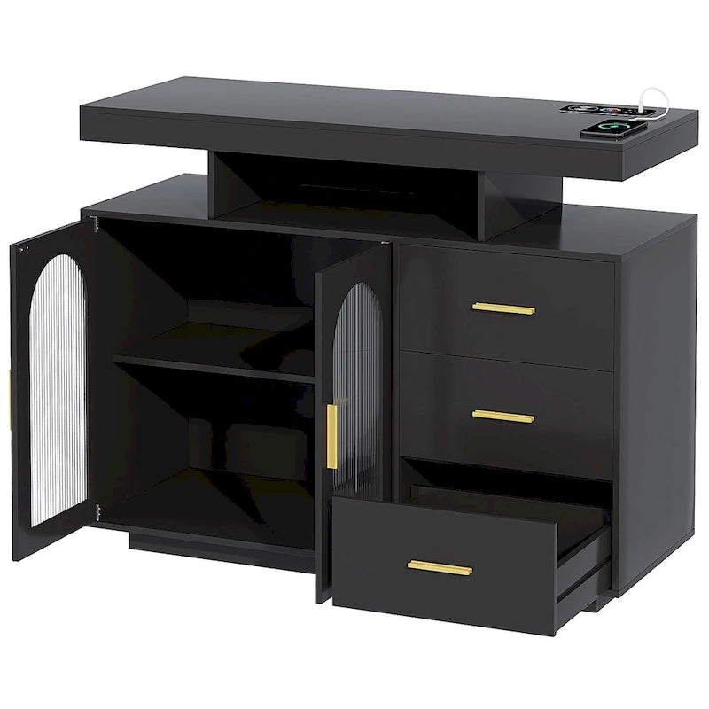 Buffet de 99 cm avec lumières LED et ports de charge – Blanc/Noir, 2 portes 3 tiroirs