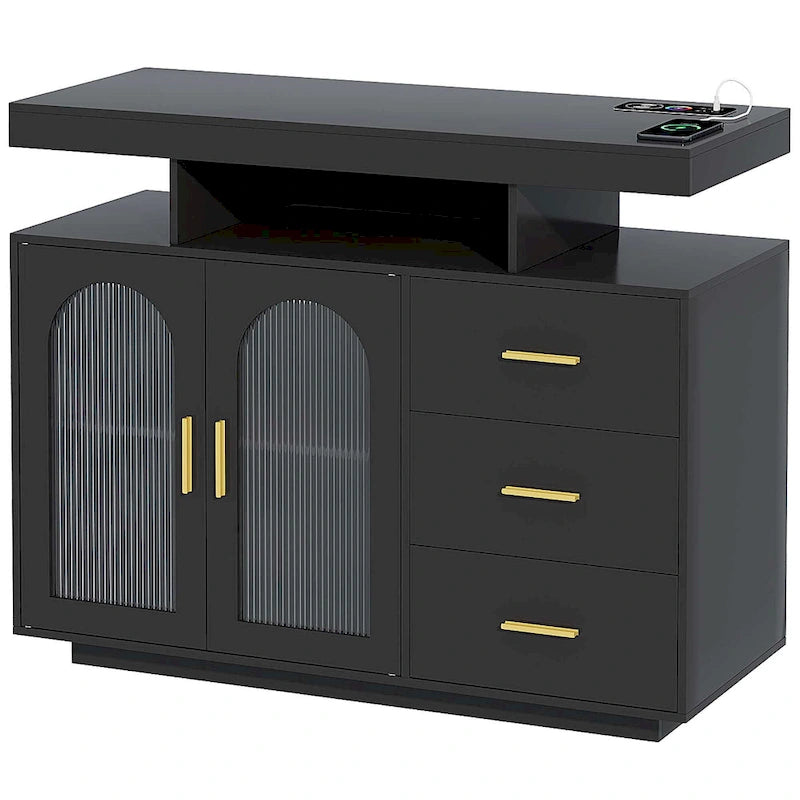 Buffet de 99 cm avec lumières LED et ports de charge – Blanc/Noir, 2 portes 3 tiroirs