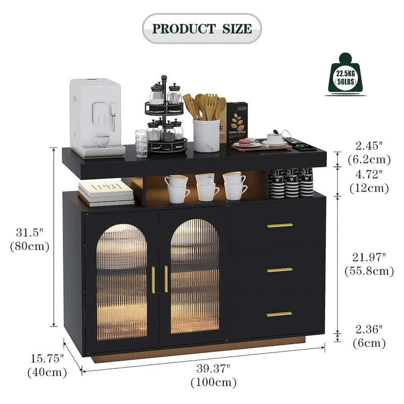 Buffet de 99 cm avec lumières LED et ports de charge – Blanc/Noir, 2 portes 3 tiroirs