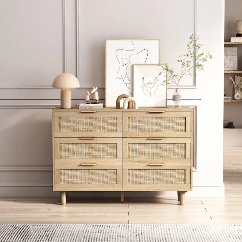 Commode de rangement en rotin à 6 tiroirs, pour chambre à coucher, salon, couleur bois