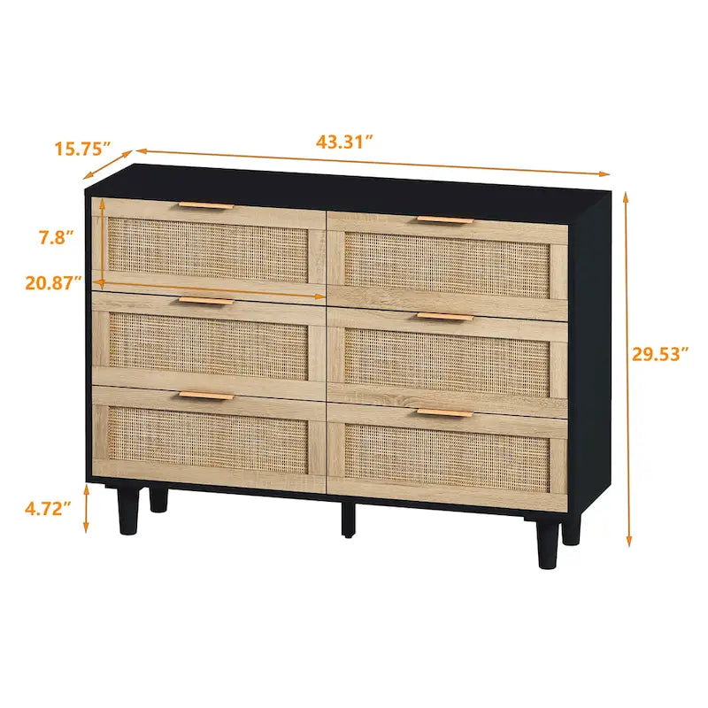 Commode de rangement en rotin à 6 tiroirs, pour chambre à coucher, salon, couleur bois