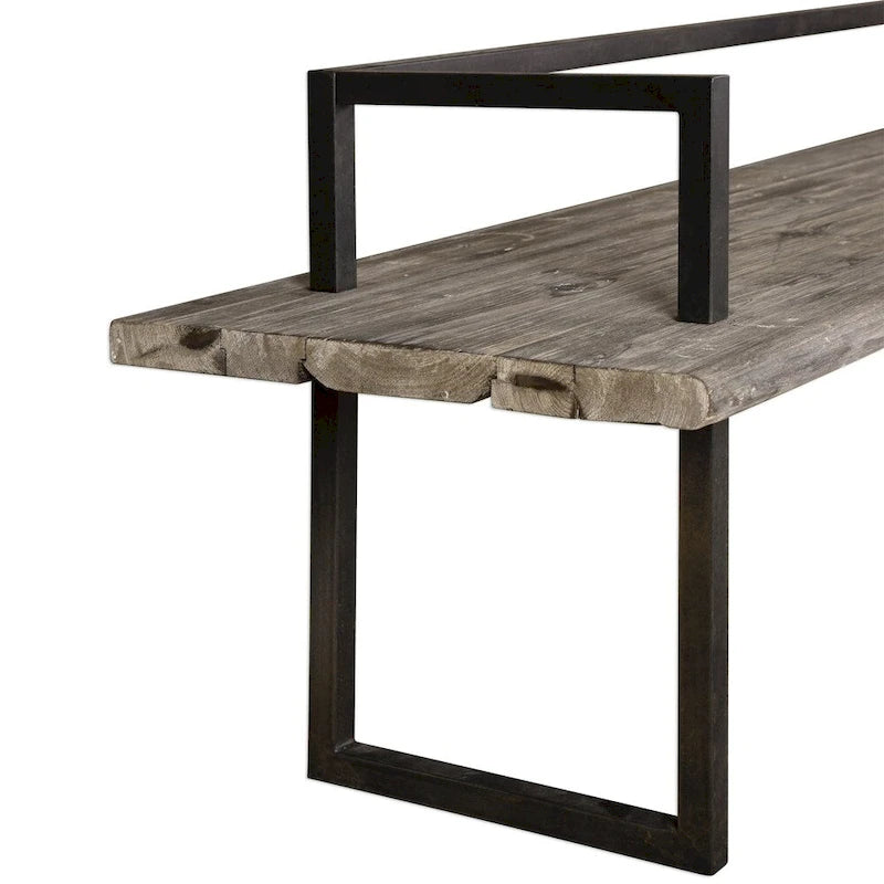 Banc en bois recyclé, patine blanc antique, structure en fer noir vieilli, 1 place