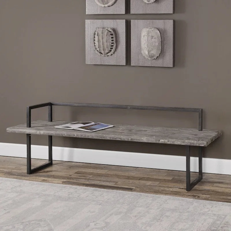 Banc en bois recyclé, patine blanc antique, structure en fer noir vieilli, 1 place