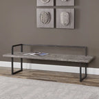 Banc en bois recyclé, patine blanc antique, structure en fer noir vieilli, 1 place