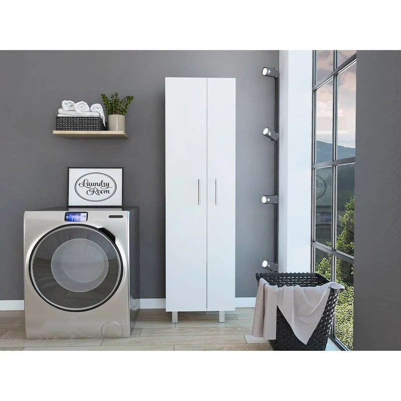 Meuble de rangement à deux portes, 4 pieds, 5 étagères, Multicolore / Blanc