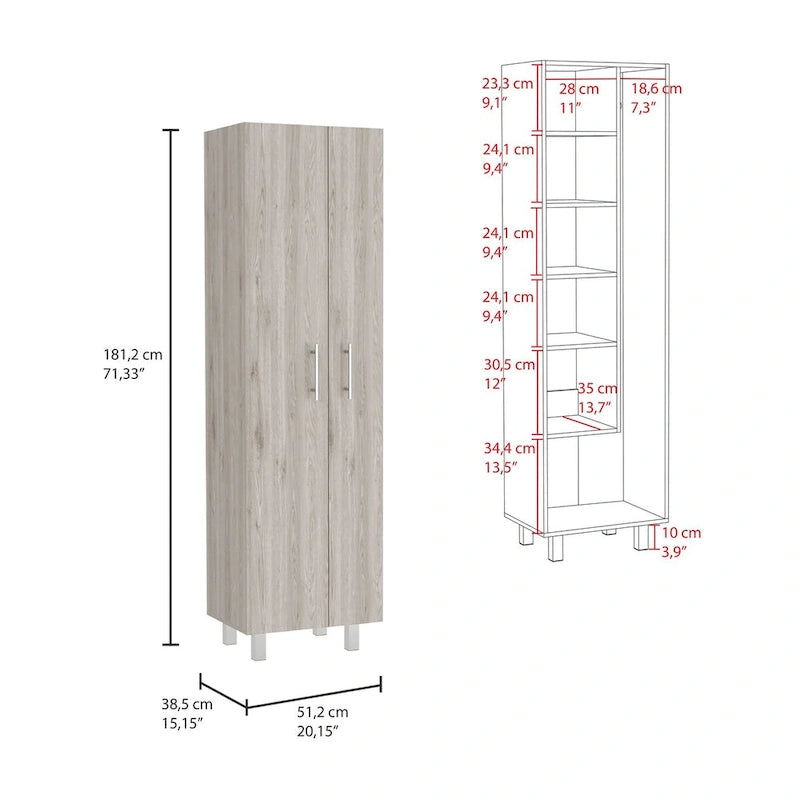 Meuble de rangement à deux portes, 4 pieds, 5 étagères, Multicolore / Blanc