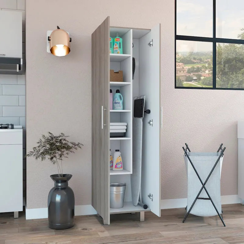 Meuble de rangement à deux portes, 4 pieds, 5 étagères, Multicolore / Blanc