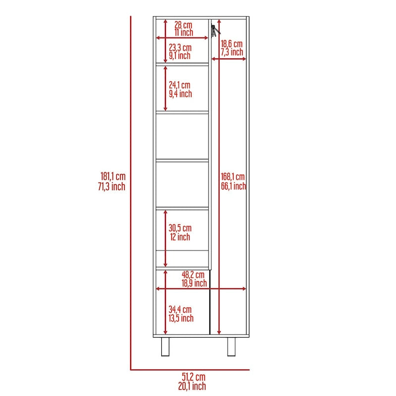 Meuble de rangement à deux portes, 4 pieds, 5 étagères, Multicolore / Blanc