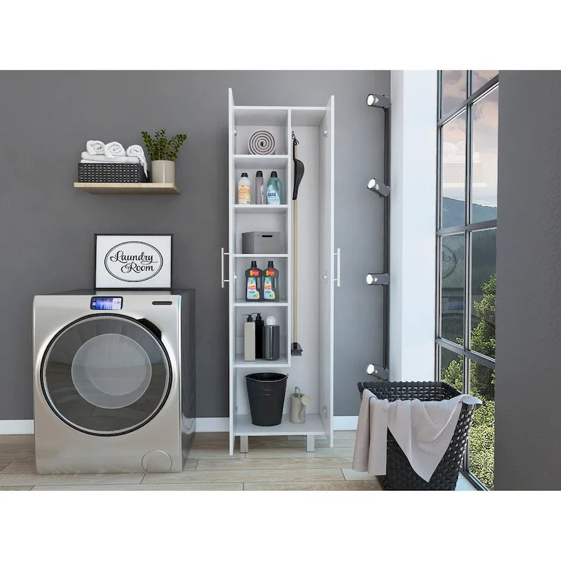Meuble de rangement à deux portes, 4 pieds, 5 étagères, Multicolore / Blanc
