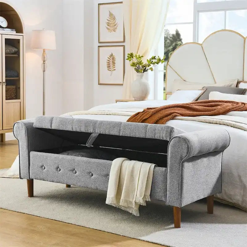 Banc de rangement capitonné en lin gris/noir, 2 places
