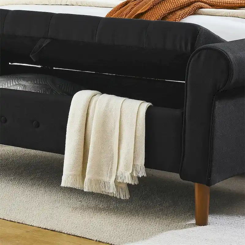 Banc de rangement capitonné en lin gris/noir, 2 places