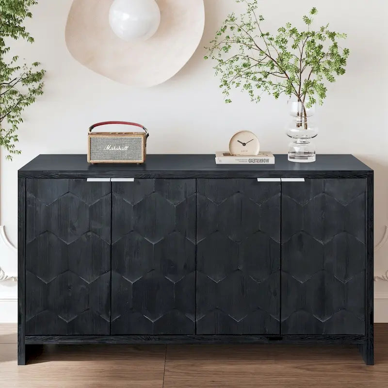 Buffet en bois cannelé à 4 portes, noyer/noir, pour 1