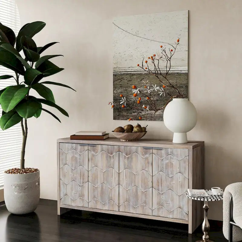 Buffet en bois cannelé à 4 portes, noyer/noir, pour 1