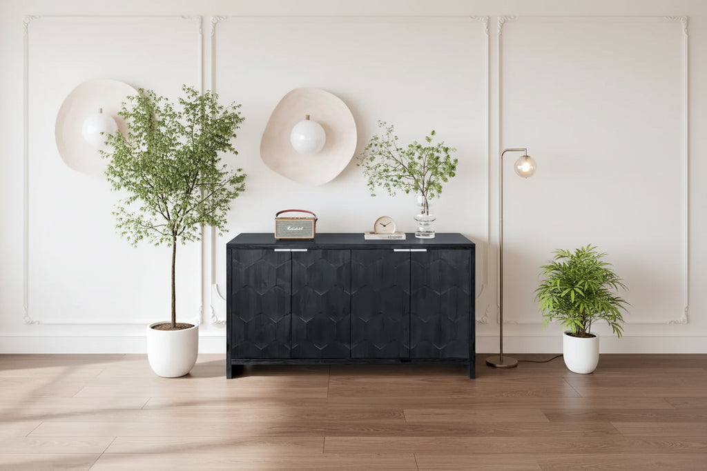 Buffet en bois cannelé à 4 portes, noyer/noir, pour 1