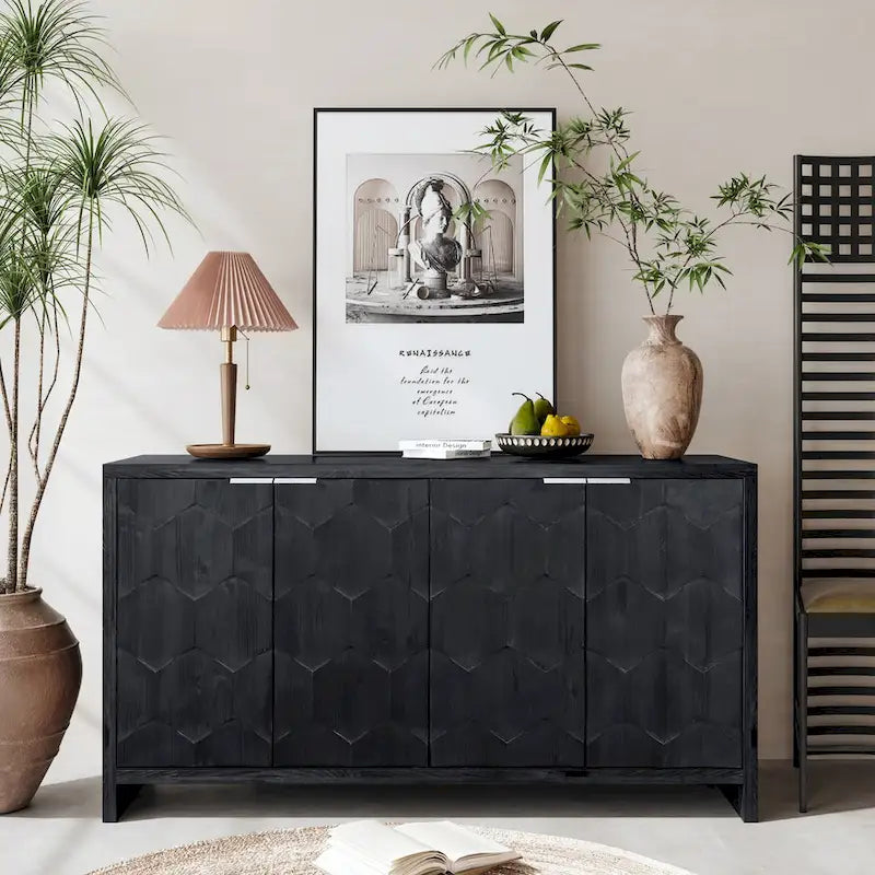 Buffet en bois cannelé à 4 portes, noyer/noir, pour 1