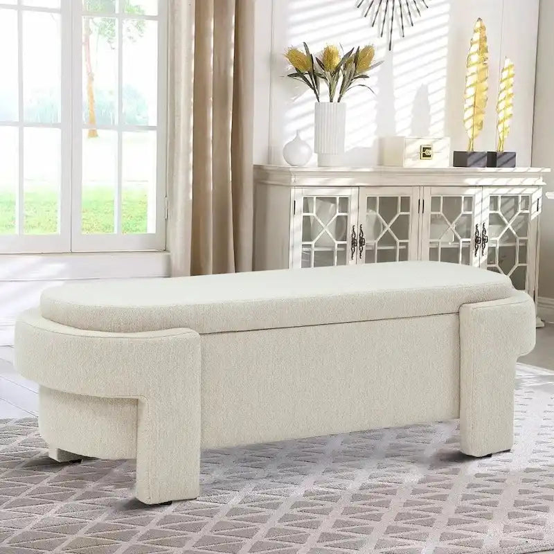 Banc de rangement capitonné blanc / gris / beige, plateau relevable, 1 place