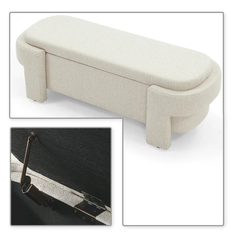 Banc de rangement capitonné blanc / gris / beige, plateau relevable, 1 place