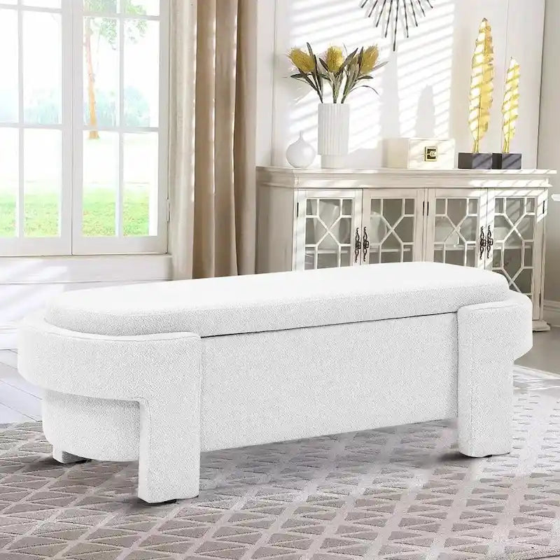 Banc de rangement capitonné blanc / gris / beige, plateau relevable, 1 place