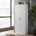 60 Tall White Double Door Cabinet, Freestanding Cupboard Closet Storage Organizer with 4 Tier Shelves
