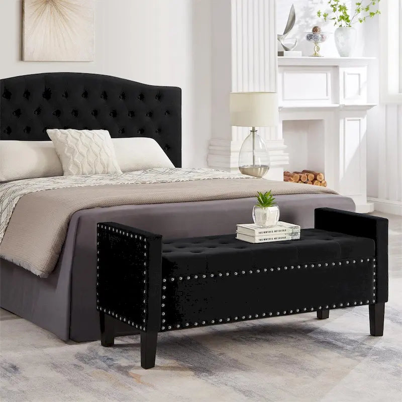 Banc de rangement capitonné en velours noir/gris/beige/marine avec bordure cloutée, 1 à 2 places