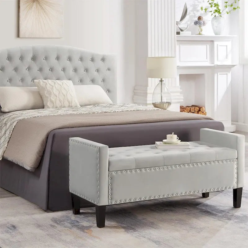 Banc de rangement capitonné en velours noir/gris/beige/marine avec bordure cloutée, 1 à 2 places