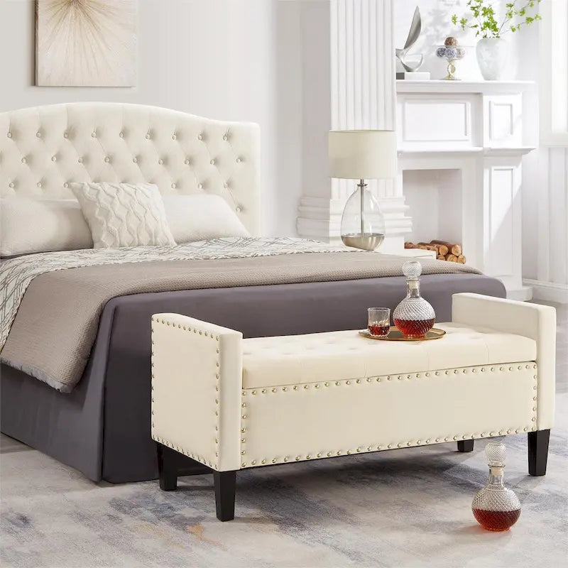 Banc de rangement capitonné en velours noir/gris/beige/marine avec bordure cloutée, 1 à 2 places