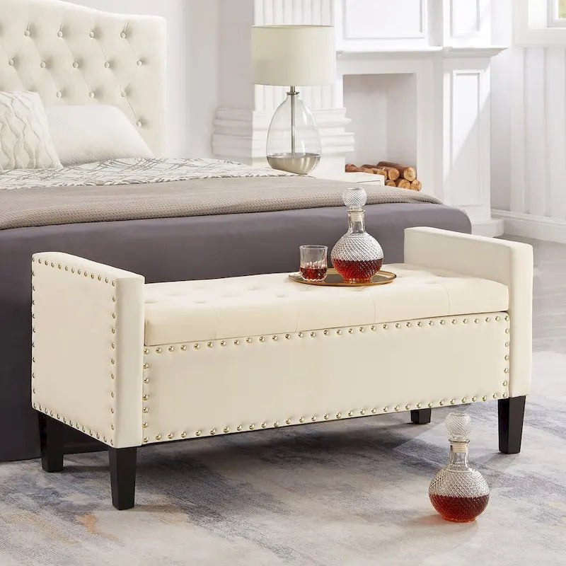 Banc de rangement capitonné en velours noir/gris/beige/marine avec bordure cloutée, 1 à 2 places