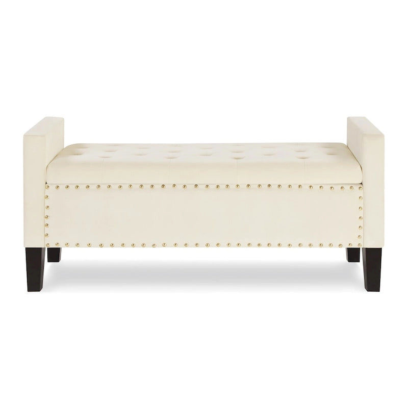 Banc de rangement capitonné en velours noir/gris/beige/marine avec bordure cloutée, 1 à 2 places