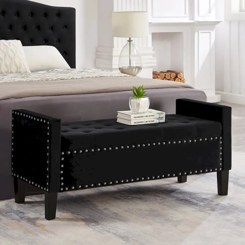 Banc de rangement capitonné en velours noir/gris/beige/marine avec bordure cloutée, 1 à 2 places