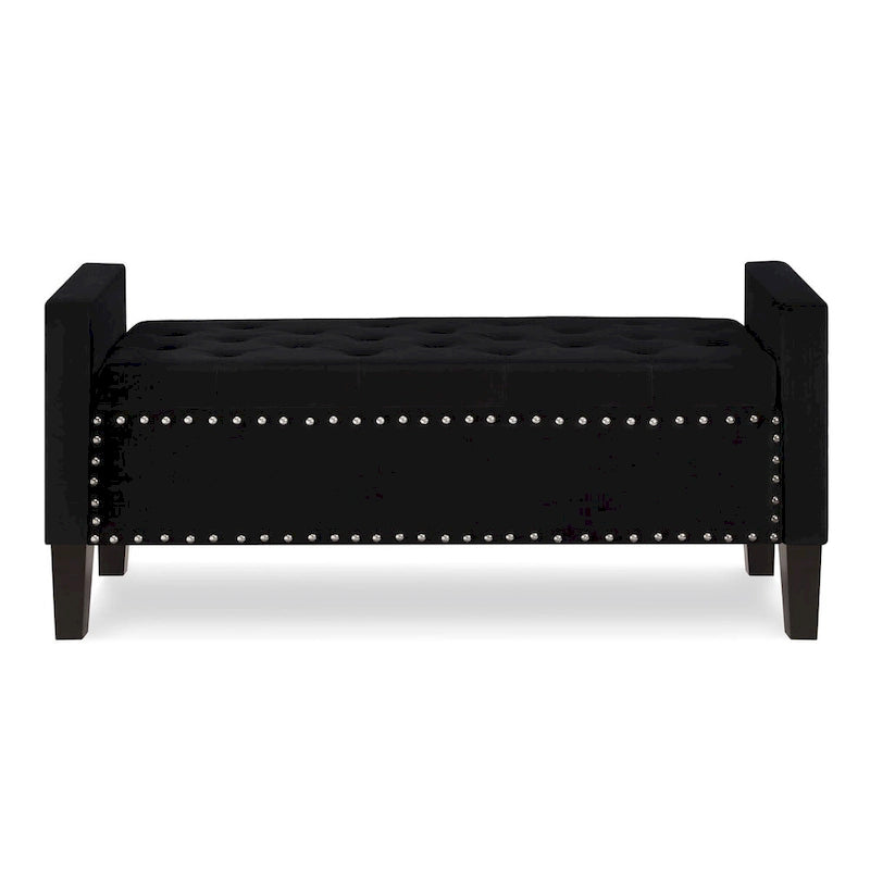 Banc de rangement capitonné en velours noir/gris/beige/marine avec bordure cloutée, 1 à 2 places