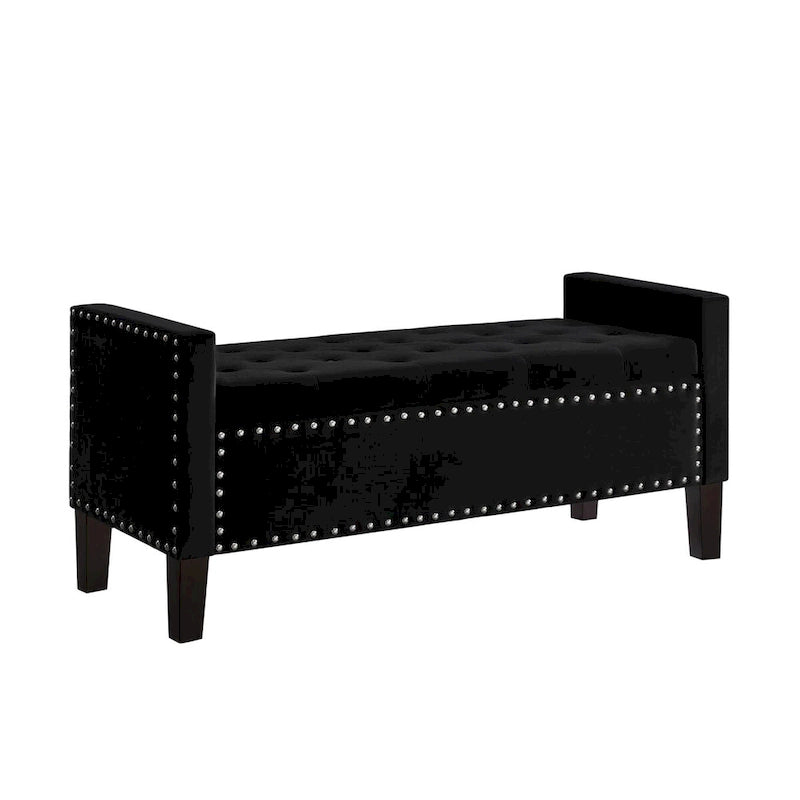 Banc de rangement capitonné en velours noir/gris/beige/marine avec bordure cloutée, 1 à 2 places