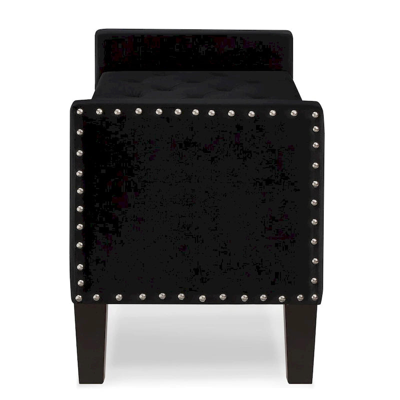Banc de rangement capitonné en velours noir/gris/beige/marine avec bordure cloutée, 1 à 2 places
