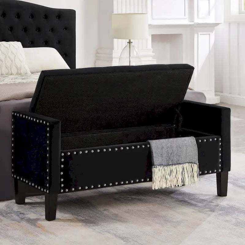 Banc de rangement capitonné en velours noir/gris/beige/marine avec bordure cloutée, 1 à 2 places