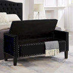 Banc de rangement capitonné en velours noir/gris/beige/marine avec bordure cloutée, 1 à 2 places
