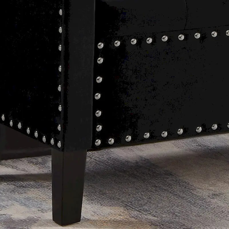 Banc de rangement capitonné en velours noir/gris/beige/marine avec bordure cloutée, 1 à 2 places
