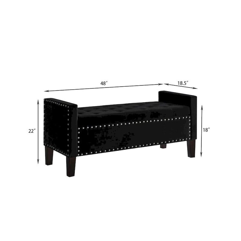Banc de rangement capitonné en velours noir/gris/beige/marine avec bordure cloutée, 1 à 2 places
