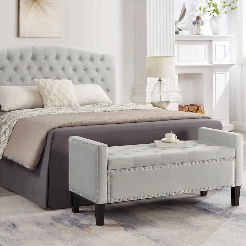 Banc de rangement capitonné en velours noir/gris/beige/marine avec bordure cloutée, 1 à 2 places