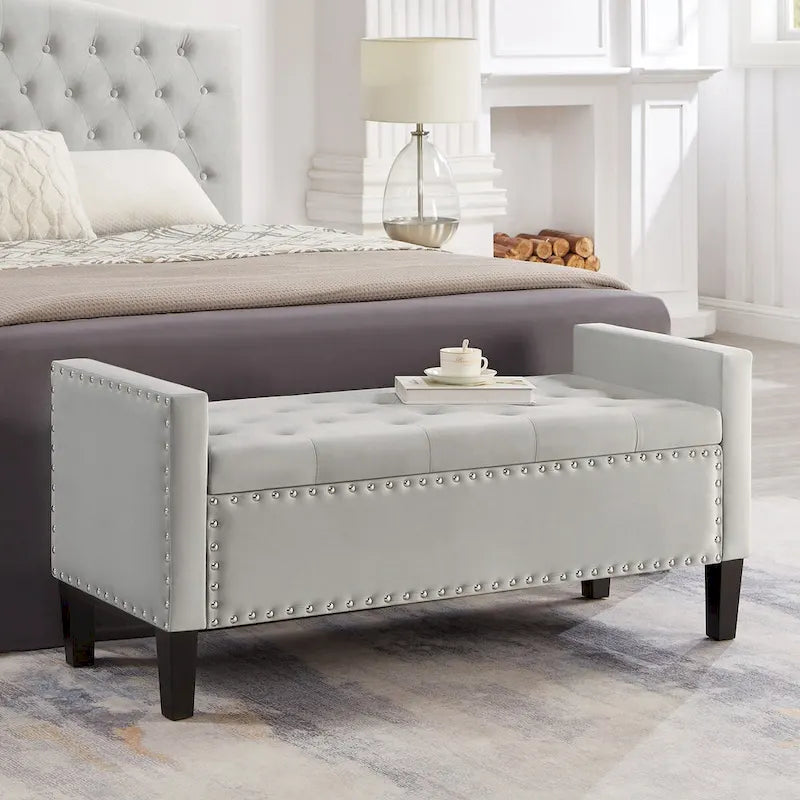 Banc de rangement capitonné en velours noir/gris/beige/marine avec bordure cloutée, 1 à 2 places