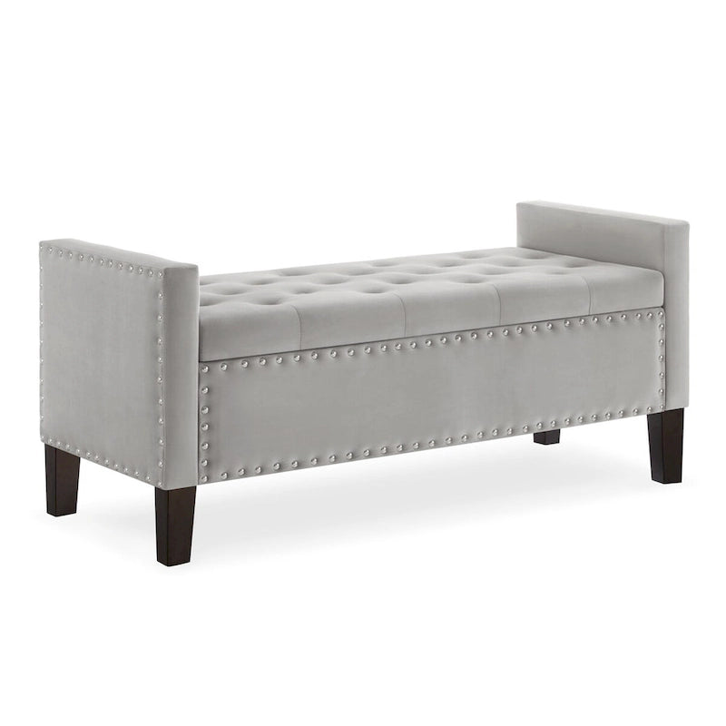 Banc de rangement capitonné en velours noir/gris/beige/marine avec bordure cloutée, 1 à 2 places
