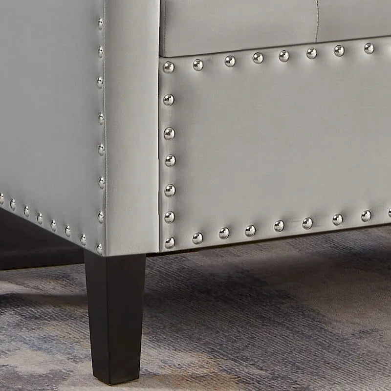 Banc de rangement capitonné en velours noir/gris/beige/marine avec bordure cloutée, 1 à 2 places